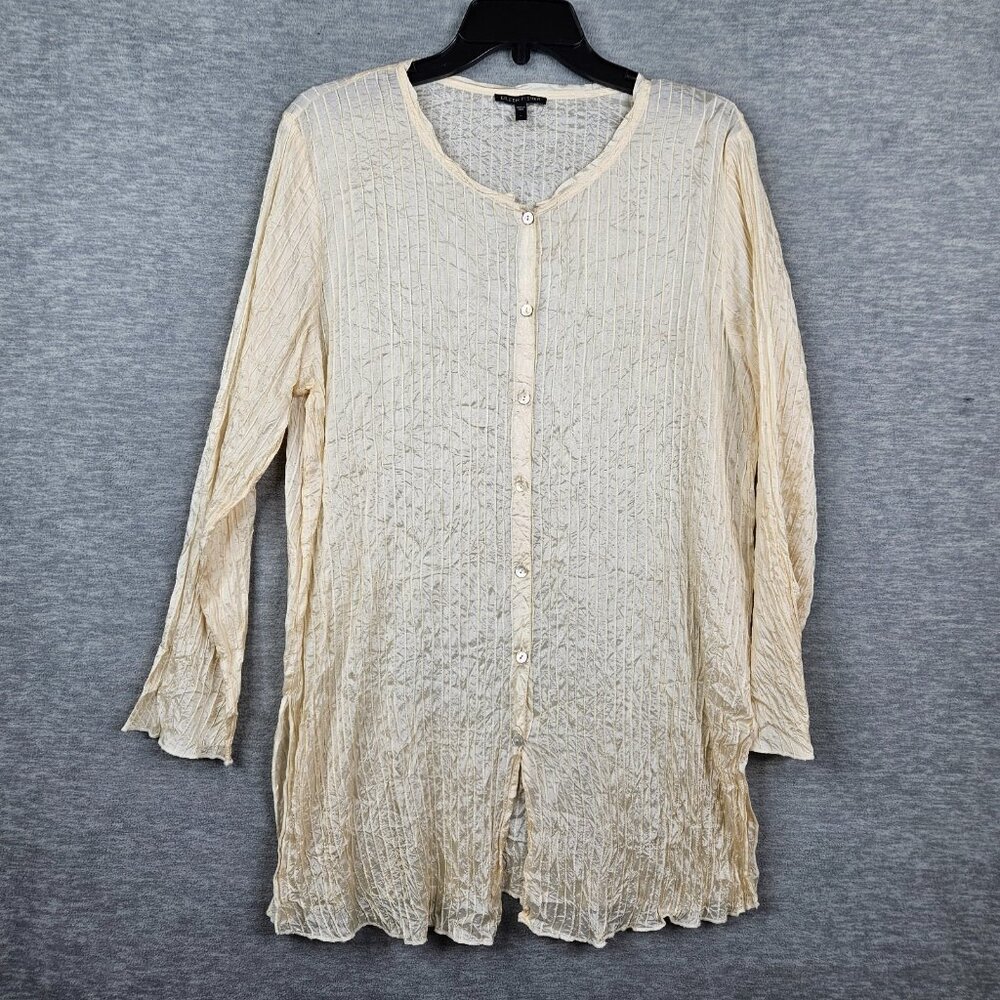 Eileen Fisher Women's Cream Crinkle Button-Up Light weigh Cotton Blouse Sz L